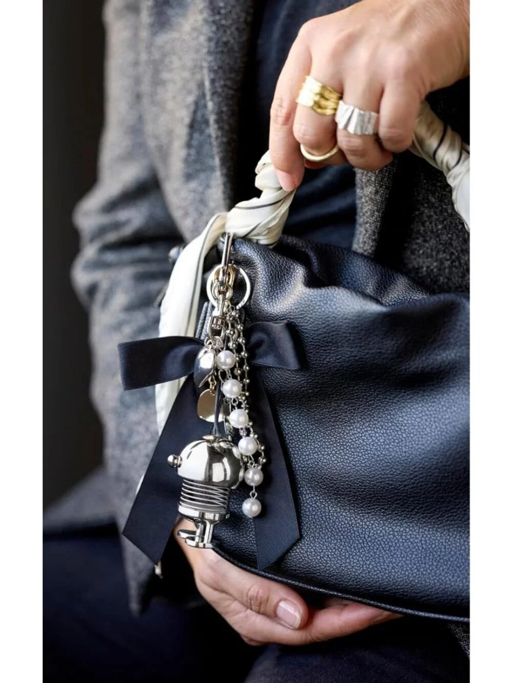 Chic Chrome Bag Charm Keychain Accessory | Scandinavian Modern Design, 2.6